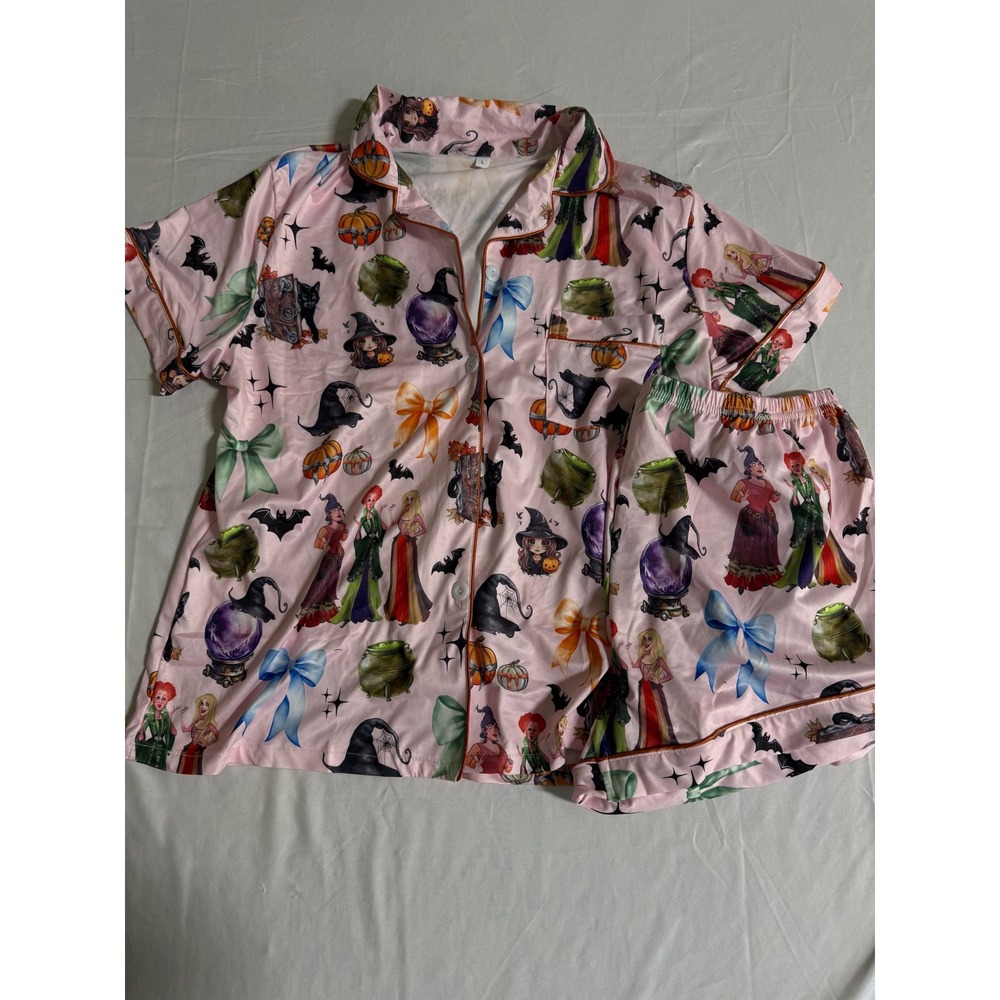 Hocus Pocus Sanderson Sisters Pink Pajama Set Shorts Button Top Large Halloween